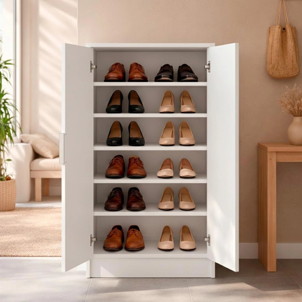 Armadio Multiuso 2 Ante Mobile Porta Scarpe Con 6 Ripiani Estraibili Scarpiera Salvaspazio Per Camera Corridoio Ingresso Ripostiglio Design Moderno Minimal 108 X 55 X 39.6 Cm Bianco