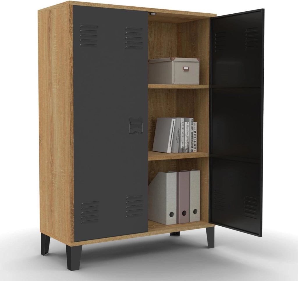 ESTER Mueble de café de 2 puertas de metal negro con marco de madera de diseño industrial
