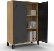 ESTER Mueble de café de 2 puertas de metal negro con marco de madera de diseño industrial