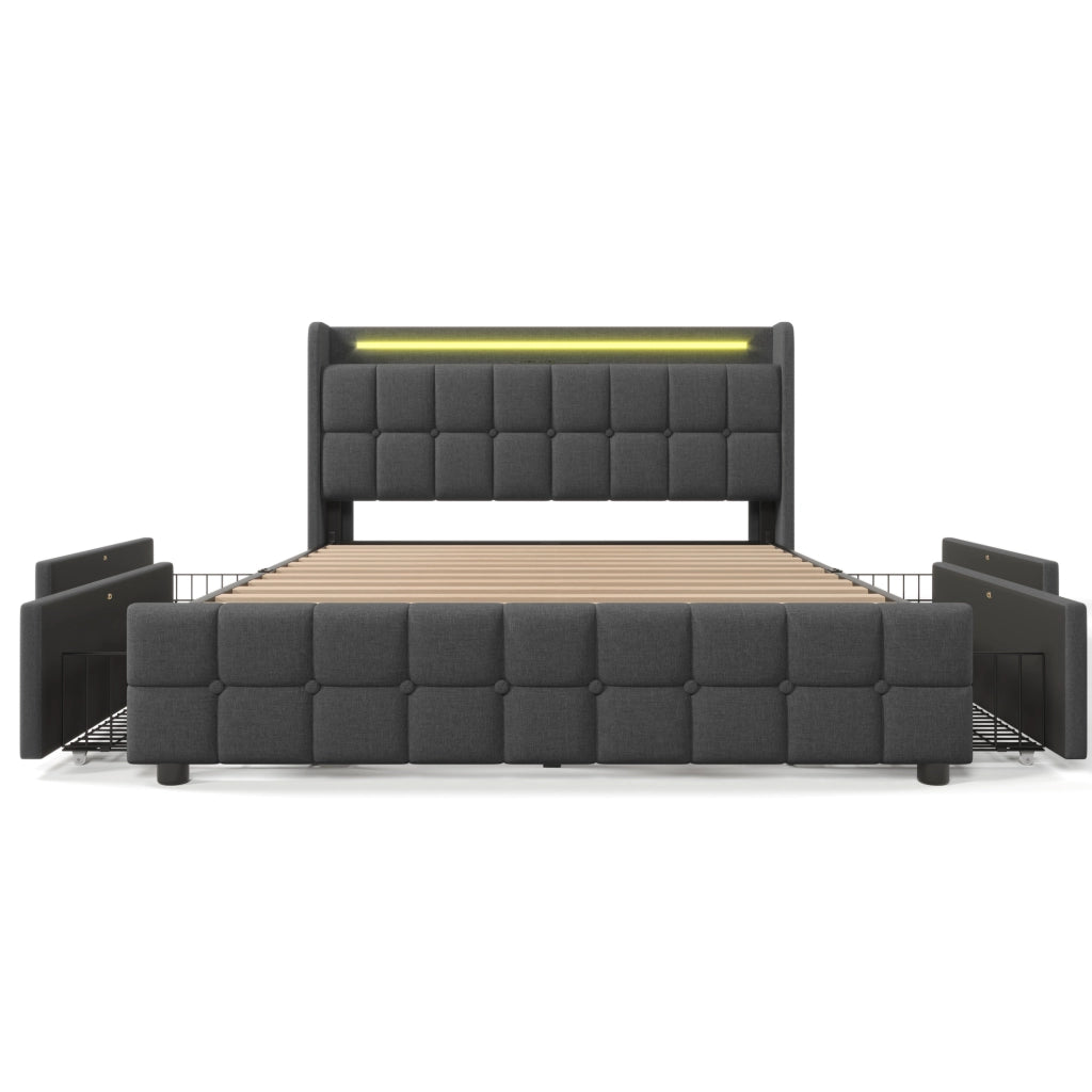 Letto matrimoniale 180x200 cm con LED; prese USB e 4 cassetti; legno grigio