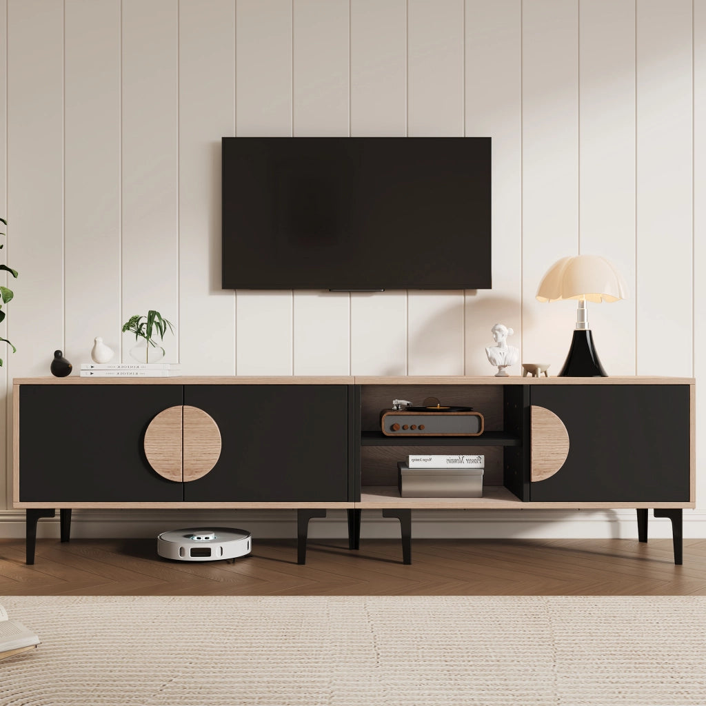 Mobile porta televisore 180 cm nero e finitura legno con tre ante e vani aperti capienti