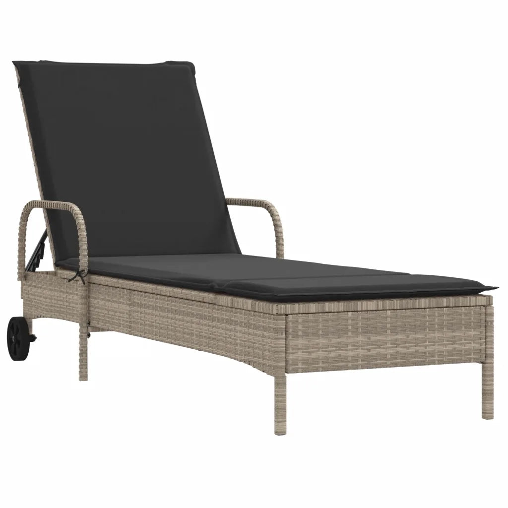 Lettino Prendisole | Sdraio da giardino | Lettino da sole con Ruote e Cuscino Polyrattan Grigio Chiaro