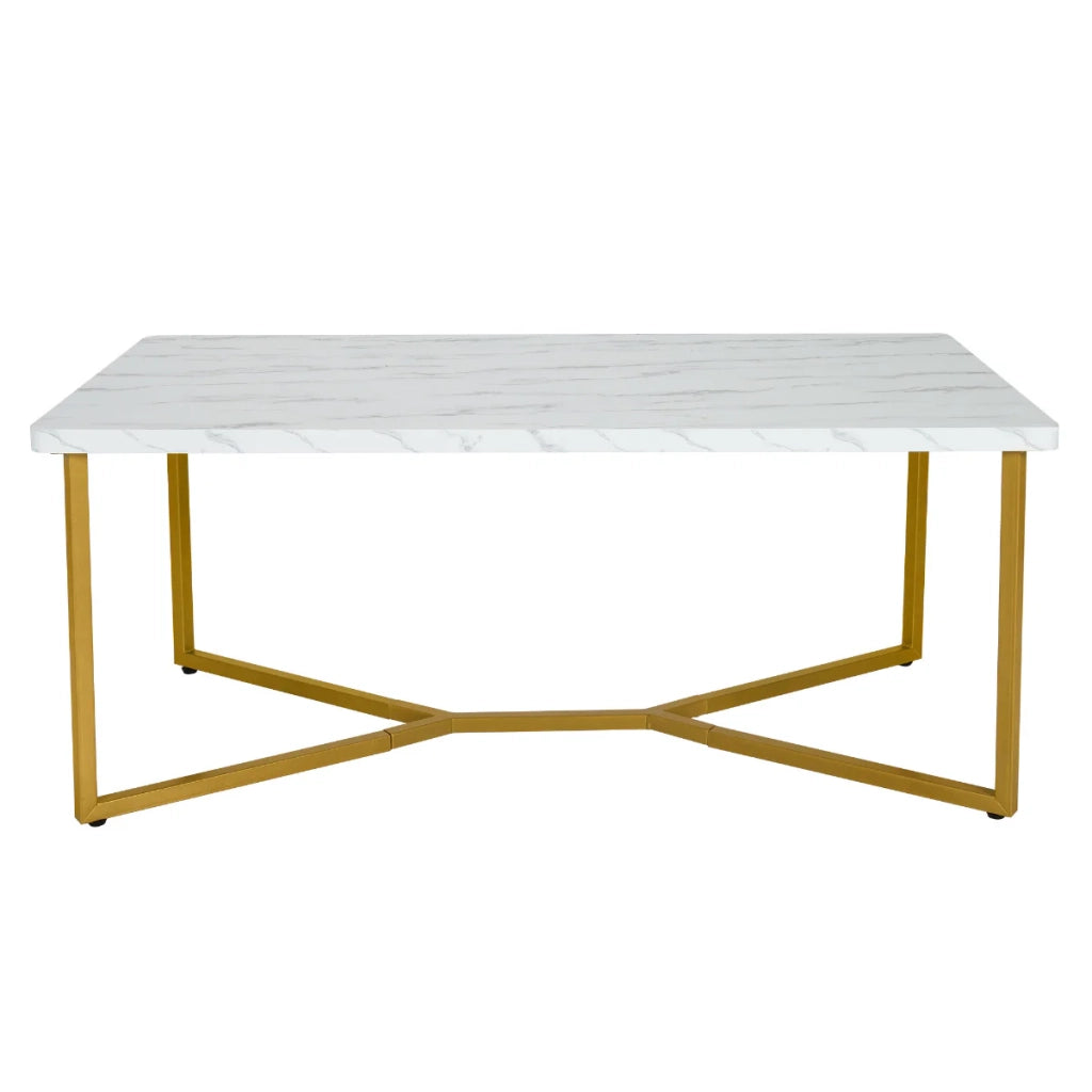 Tavolino moderno 107 x 60 x 45,5 cm con gambe in metallo dorato e piedini regolabili in MDF bianco 20_0021082
