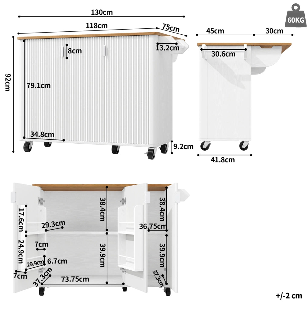 Isola da cucina mobile 130x45/75x92 cm bianca in MDF