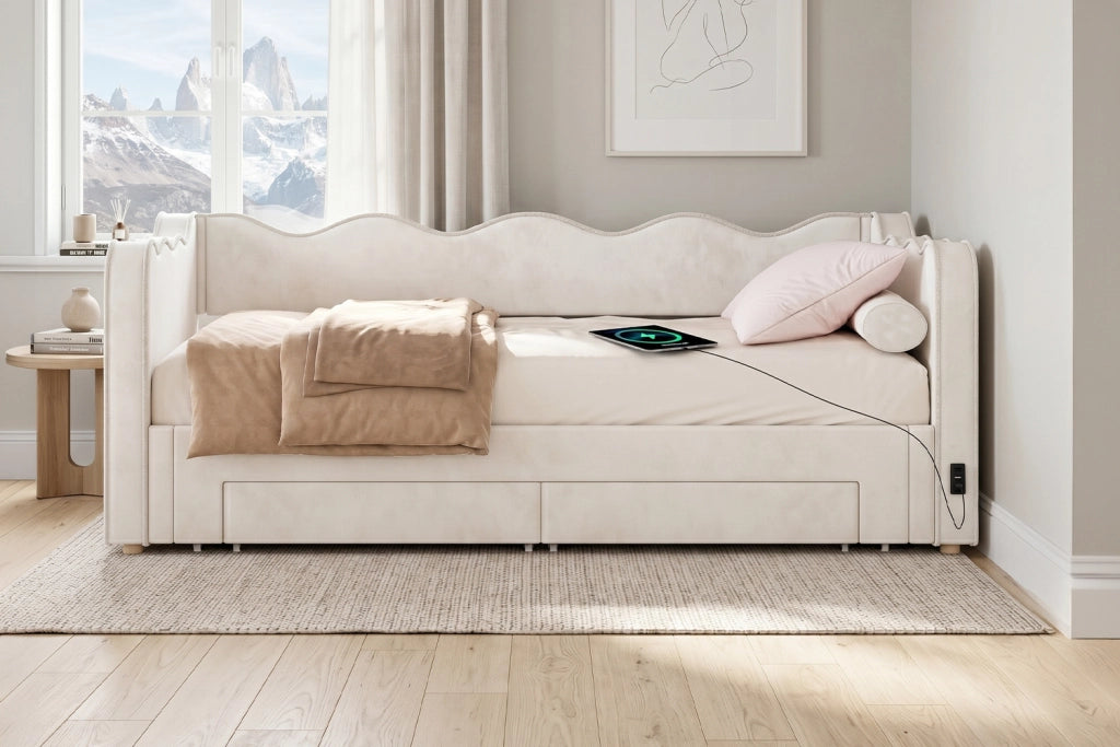 Letto divano estraibile 90 × 200 cm con 2 cassetti, USB e Type-C, senza materasso, in velluto, beige