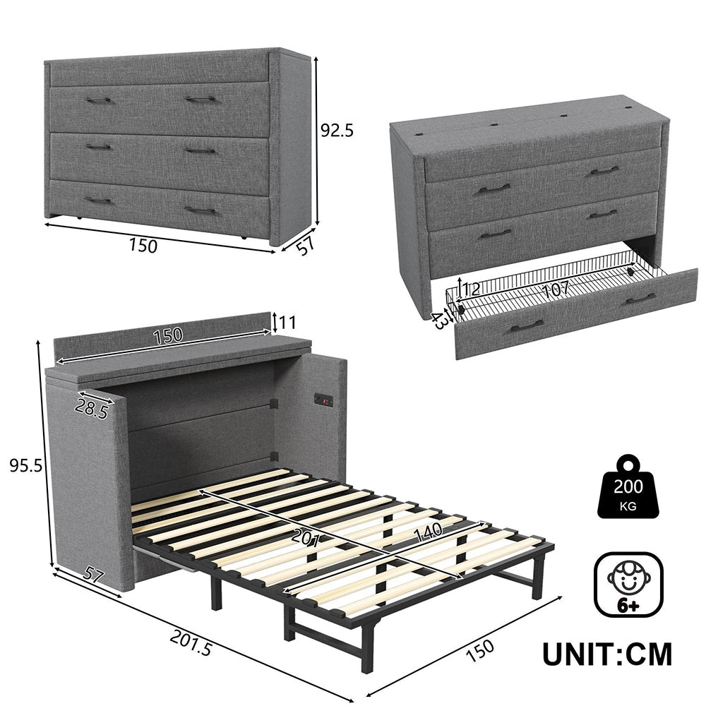 Letto contenitore 140x200 cm - Xylo - con cassetto, porte USB e Type-C, tessuto lino grigio, senza materasso