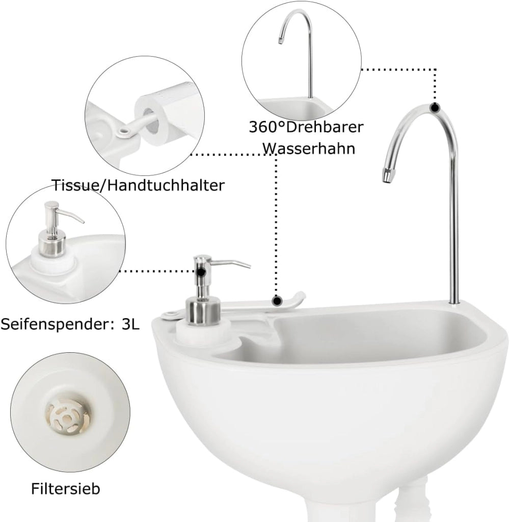 Lavello Campeggio Car 50 X 34 X 102 CM Lavabo Campeggio Pompa a Piede in HDPE Sicuro e Durevole, con Serbatoio Acqua da 17 L Dispenser di Sapone 2,5-3 L Porta Asciugamani Campeggio Viaggi