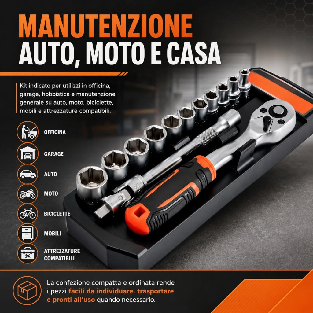Set Chiavi a Bussola 1/4" 14 Pezzi Con Chiave Cricchetto Prolunga Da 4 a 14 195