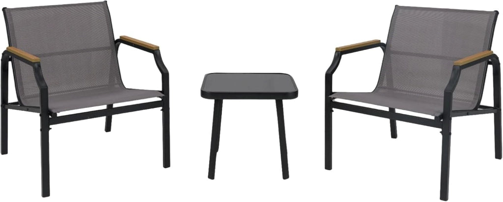 Set di mobili da giardino 3 pezzi, 2 sedie con braccioli e 1 tavolino da caffè, tessuto rimovibile e telaio in metallo, set da bistrot per balcone, patio, terrazza