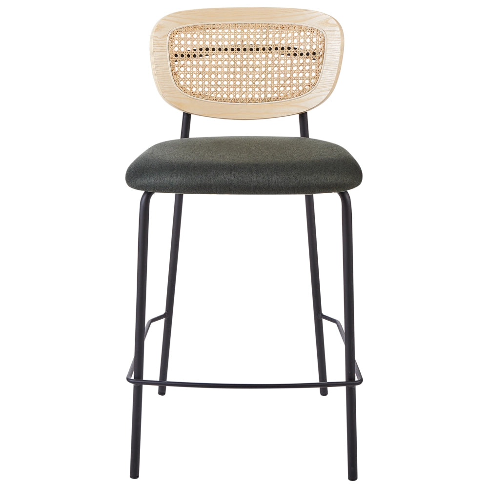 Set di 2 sedie da bar Verde Scuro Rivestimento in poliestere nero Schienale in rattan naturale a treccia viennese Gambe in metallo nero Sgabelli senza braccioli