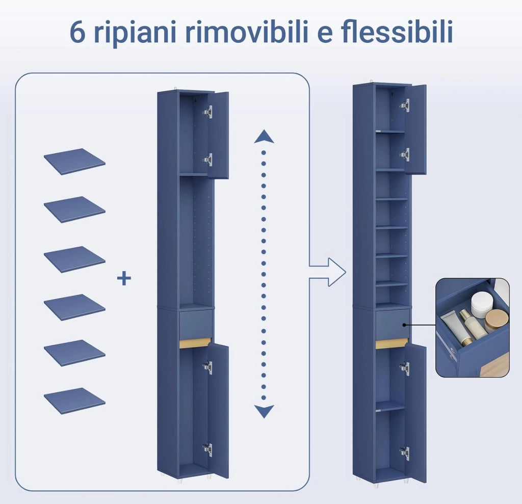 Mobile Bagno Alto e Stretto, Mobili Salvaspazio Mobiletto a Colonna da Terra con Ripiani Regolabili e Cassetto Armadietto per Bagno e Lavanderia 20×20×180 cm BZR34-II-B