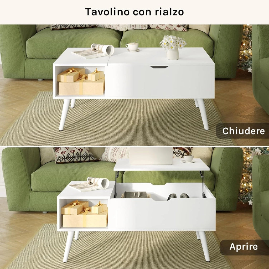 Tavolino da Caffè Sollevabile e Allungabile, Tavolo con Spazio Interno e Scomparto Aperto, Tavolino da Salotto per Soggiorno, 100x50x(43-57) cm, Bianco, BTS26ws