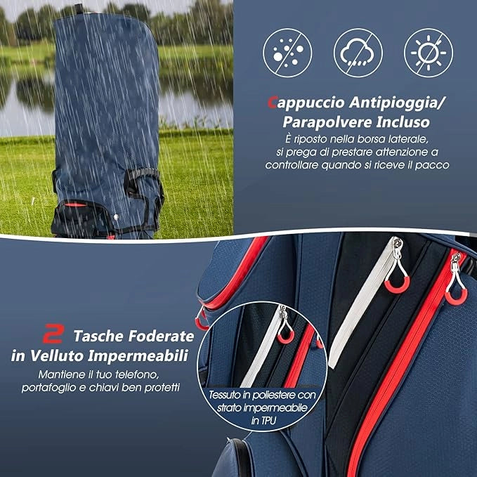 Borsa da Golf Leggera e di Grande Capacità, Sacca da Golf con 14 Divisori, 8 Tasche, Cappuccio Antipioggia, Tracolla, Borsa Termica per Bevande, Ideale per Uomini e Donne (Blu)