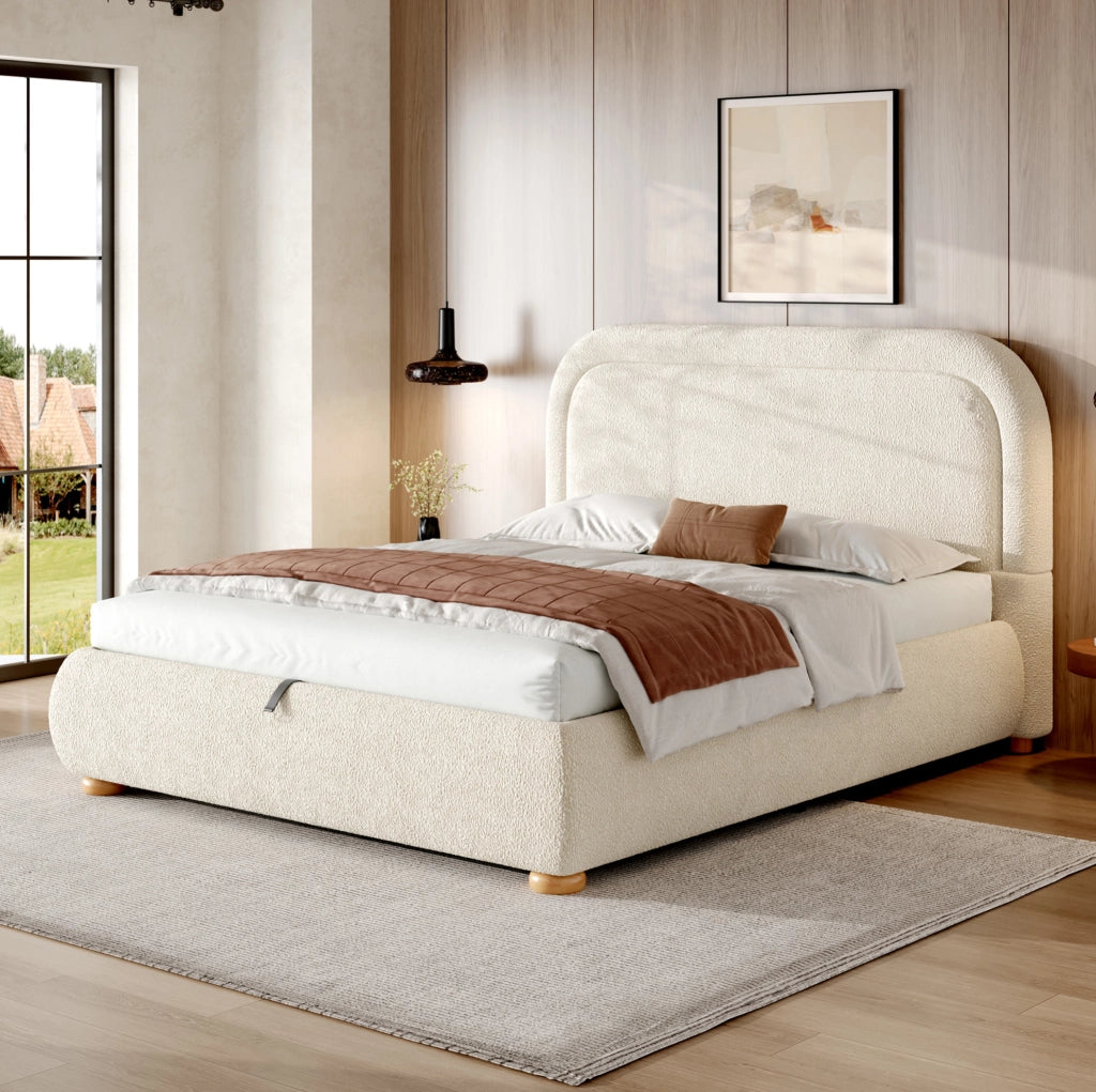 Letto contenitore beige in bouclé con rete a doghe