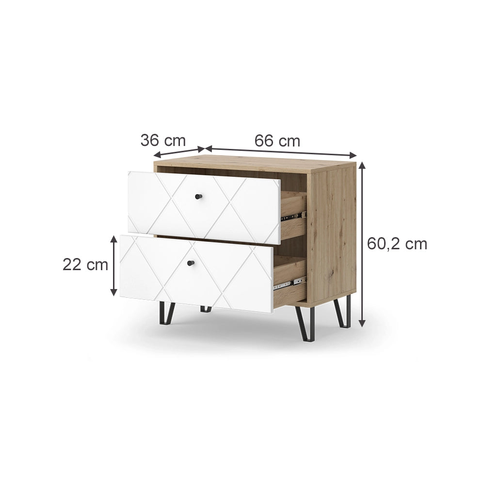 Vicco Comodino camera da letto Artigianale/Bianco 66 x 60.2 cm con 2 cassetti