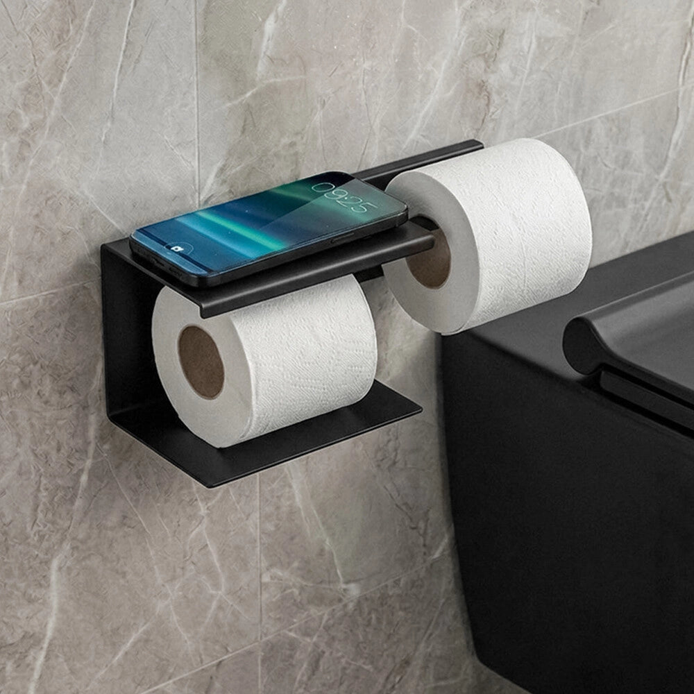 Porta rotolo con mensola bagno nero in acciaio senza fori Rea