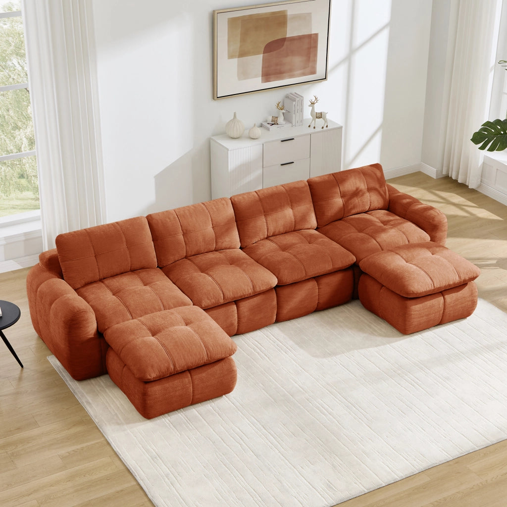 Divano modulare 4 posti senza struttura con rivestimento in chenille arancione