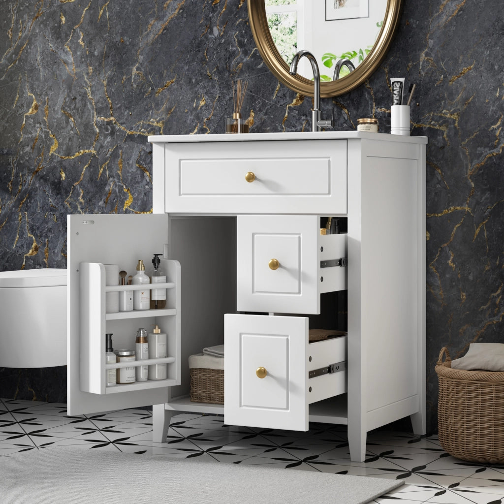 Mobile sottolavabo con 1 anta; 2 cassetti e lavabo in ceramica - per bagno - 61×47×87 cm - bianco