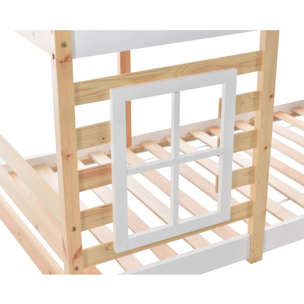Letto a castello 90x200 cm con contenitore; casetta sull'albero; legno e MDF naturale e bianco