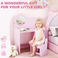 Toeletta per bambini con sgabello, specchio a forma di fiore e ripiani aperti, 3-8 anni, Viola