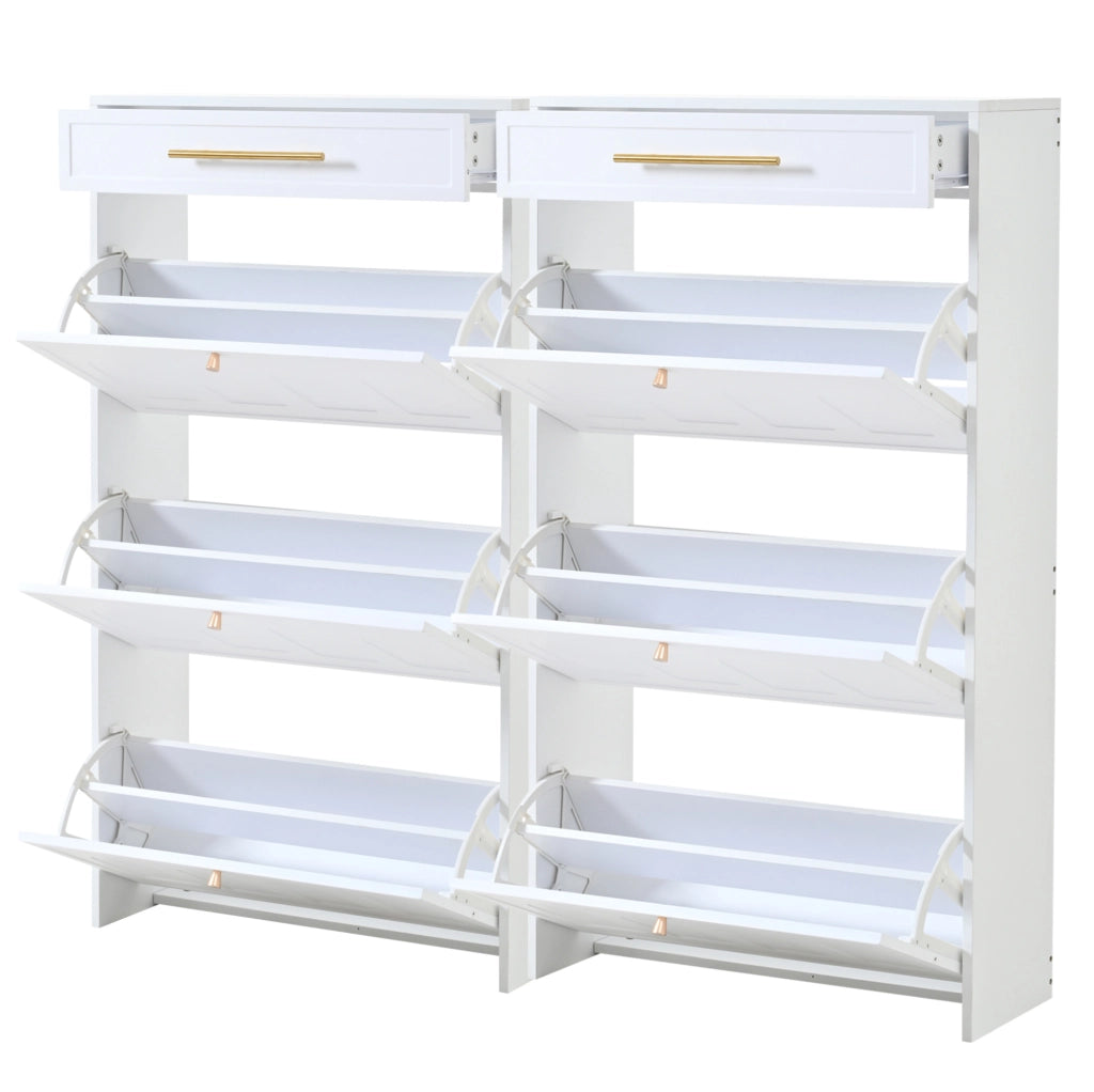 Scarpiera moderna bianca 140x25x123;5 cm in MDF con 12 ripiani aperti e 2 cassetti