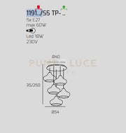 SOSPENSIONE OTTONE SATINATO 5 LUCI TONDA VETRI PICCOLI RUBINO 1191OS-S5 TP-RU