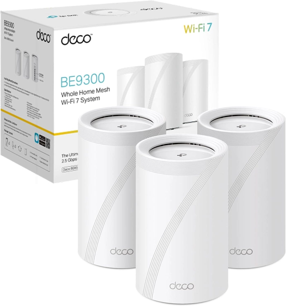 TP-Link WiFi 7 Deco BE65 Pro Router Mesh WiFi, BE 9300Mbps Tri-Band, Canali 320 MHz,2 Porte 5Gbps,Porta 2,5 Gbps, Alexa, HomeShield, MLO, Funziona con Qualsiasi ISP e Modem, 4 Antenne Interne, 1 Pezzo
