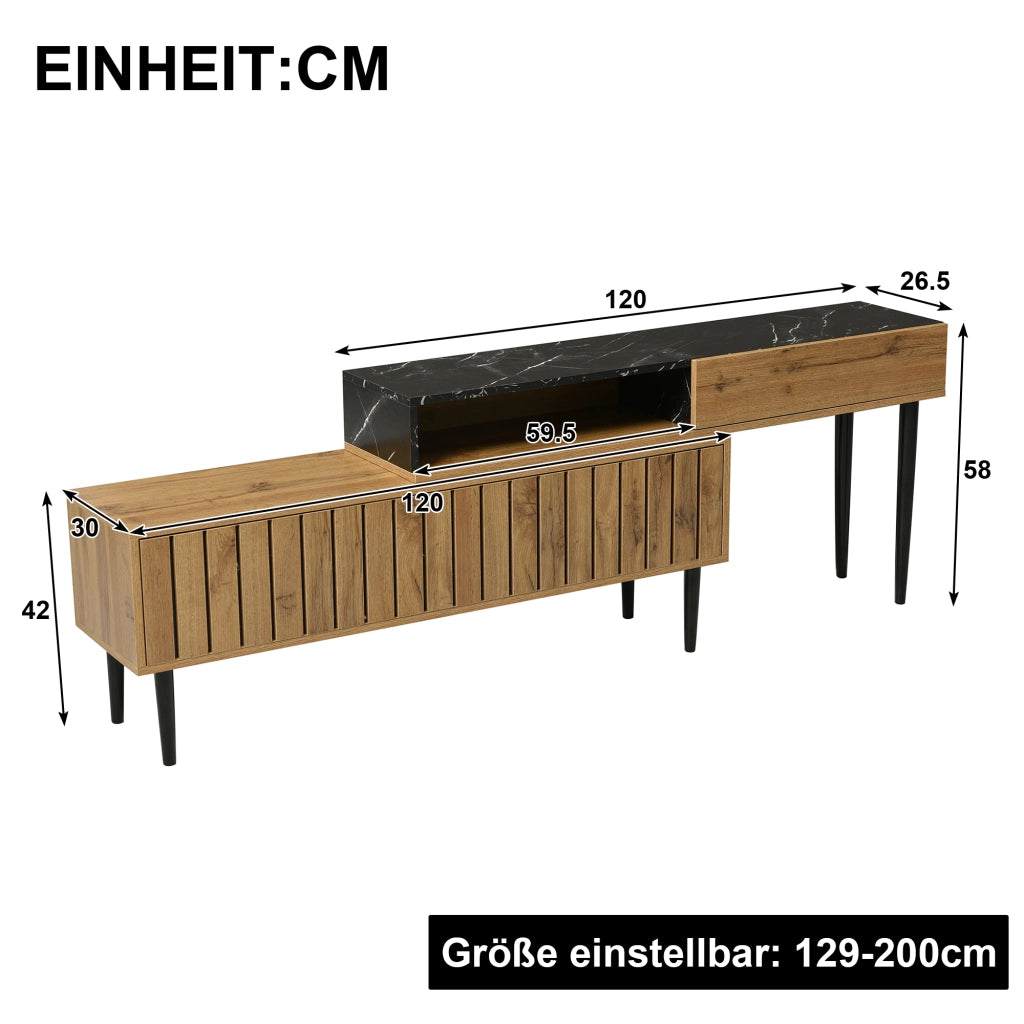 Mobile TV; design marmo e venatura legno; bordo in PVC; gambe in ferro; MDF; colore naturale