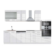 Cucina componibile Fame-Line Bianco lucido/Bianco 300 cm con armadio alto, PL Marmo Vicco