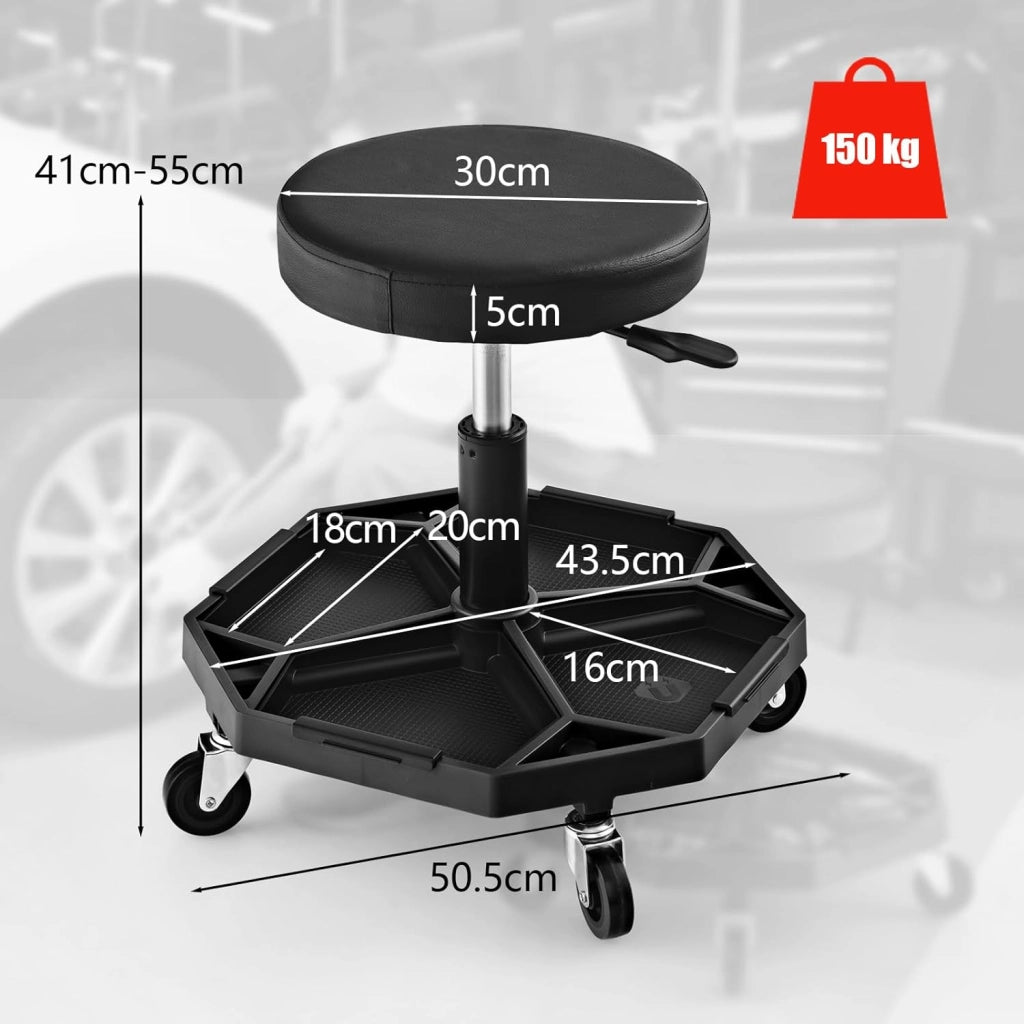 Sgabello rotelle, seduta ergonomica regolabile in altezza 41-55 cm, sgabello con vassoio magnetico rimovibile per riporre attrezzi, carico massimo 150 kg, per officina, garage (nero)