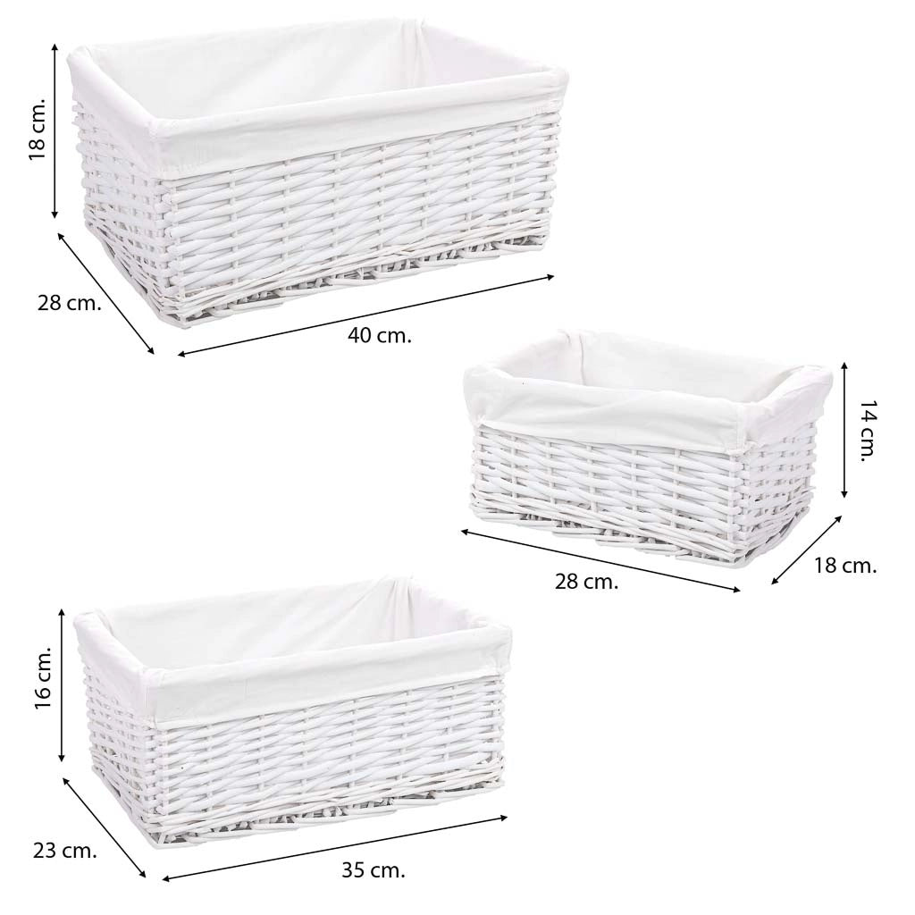 Set di 3 cestini in vimini bianchi: A: 40x28x18 cm, B: 35x23x16 cm, C: 28x18x14 cm
