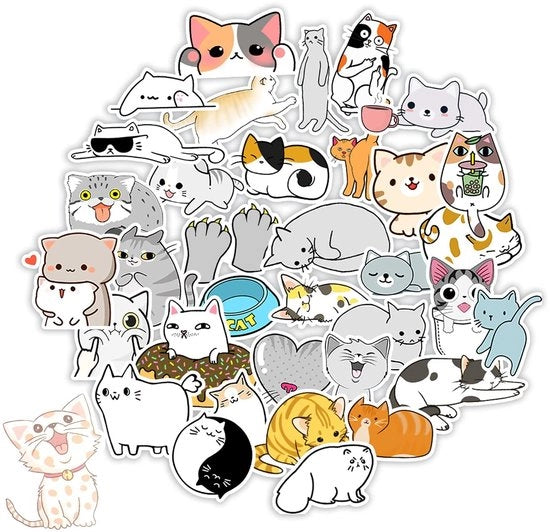 Sticker acqua resistente 100 pezzi - Sticker per gatti - Sticker PVC - Dimensioni 5-8 cm - Adatto per superfici liscie - Decorativi