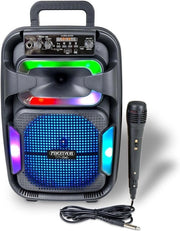 Impianto di karaoke con amplificatore wireless - microfono dinamico - effetti di luce - regolatore di altezza e basso - funzione TWS - dimensioni 382 x 249 x 219 cm