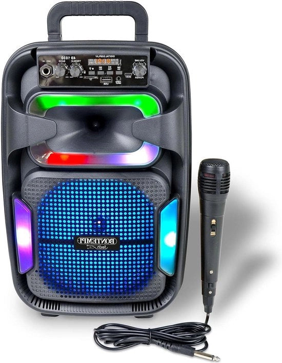 Impianto di karaoke con amplificatore wireless - microfono dinamico - effetti di luce - regolatore di altezza e basso - funzione TWS - dimensioni 382 x 249 x 219 cm