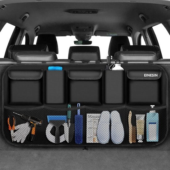 Organizzatore di bagagliaio per auto, borsa di stoccaggio con 9 contenitori, borsa di bagagliaio per auto con struttura elastica rigida per SUV (nero - 108 x 52 cm)