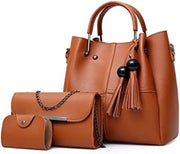 Set di borse da donna moda, 3 pezzi, impermeabili, con emblemi, tasca a spalla e borsa a mano con frange, pelle PU, cinturino, borsa da messaggero per viaggi, shopping, lavoro, marrone, Large