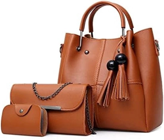 Set di borse da donna moda, 3 pezzi, impermeabili, con emblemi, tasca a spalla e borsa a mano con frange, pelle PU, cinturino, borsa da messaggero per viaggi, shopping, lavoro, marrone, Large