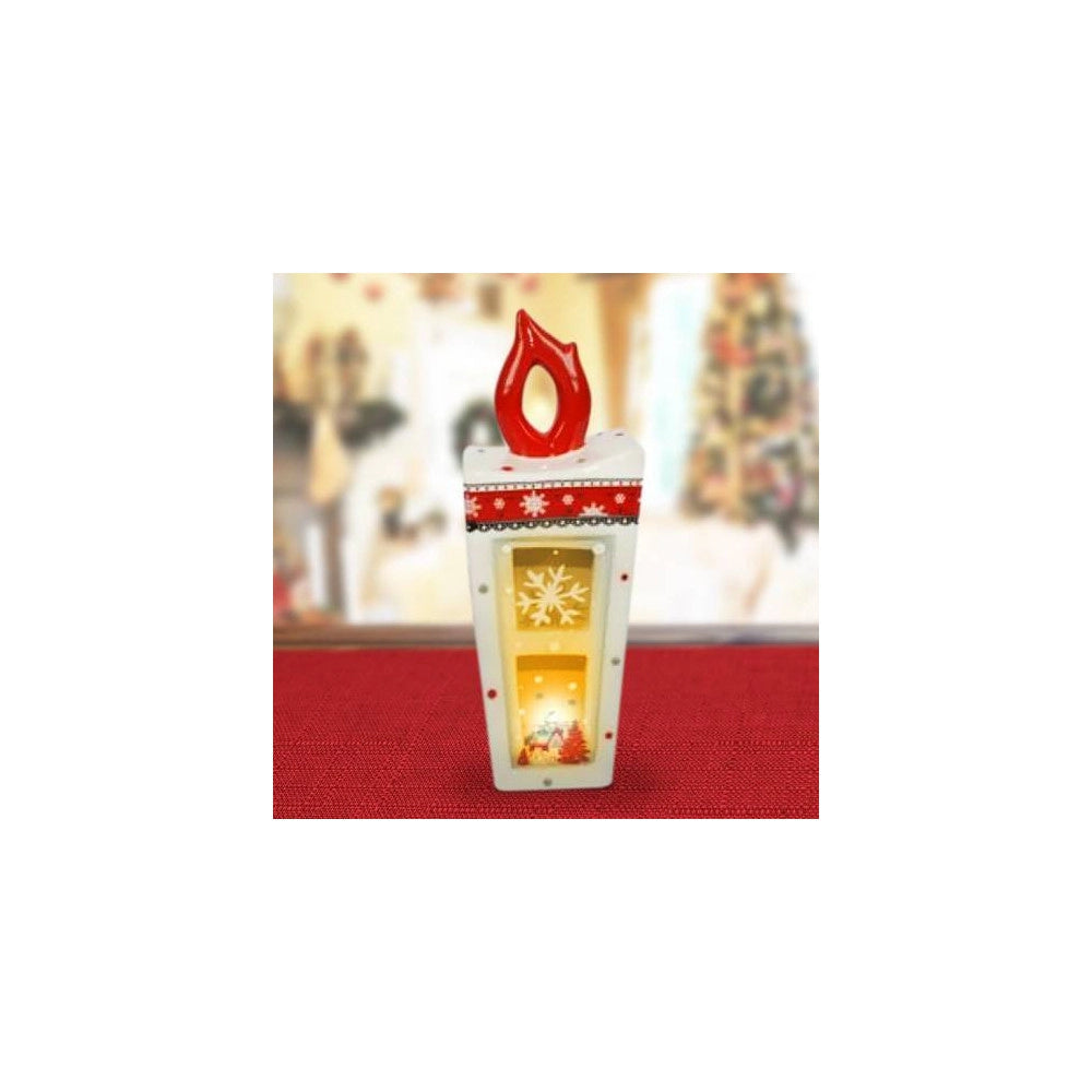 Trade Shop - Lanterna In Ceramica Candela Con Lumino Elettrico 34 Cm Decorazioni Natalizie -