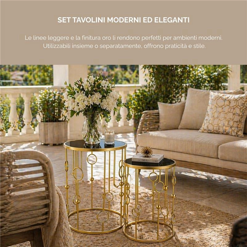 2 TAVOLINI TONDI METALLO COLOR ORO E TOP IN VETRO MISURE 38X55CM/ 33X50CM