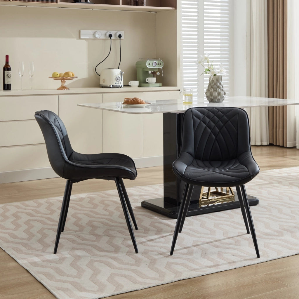 Sedia da pranzo, set da 2, ecopelle, motivo trapuntato 3D, gambe in metallo, nero