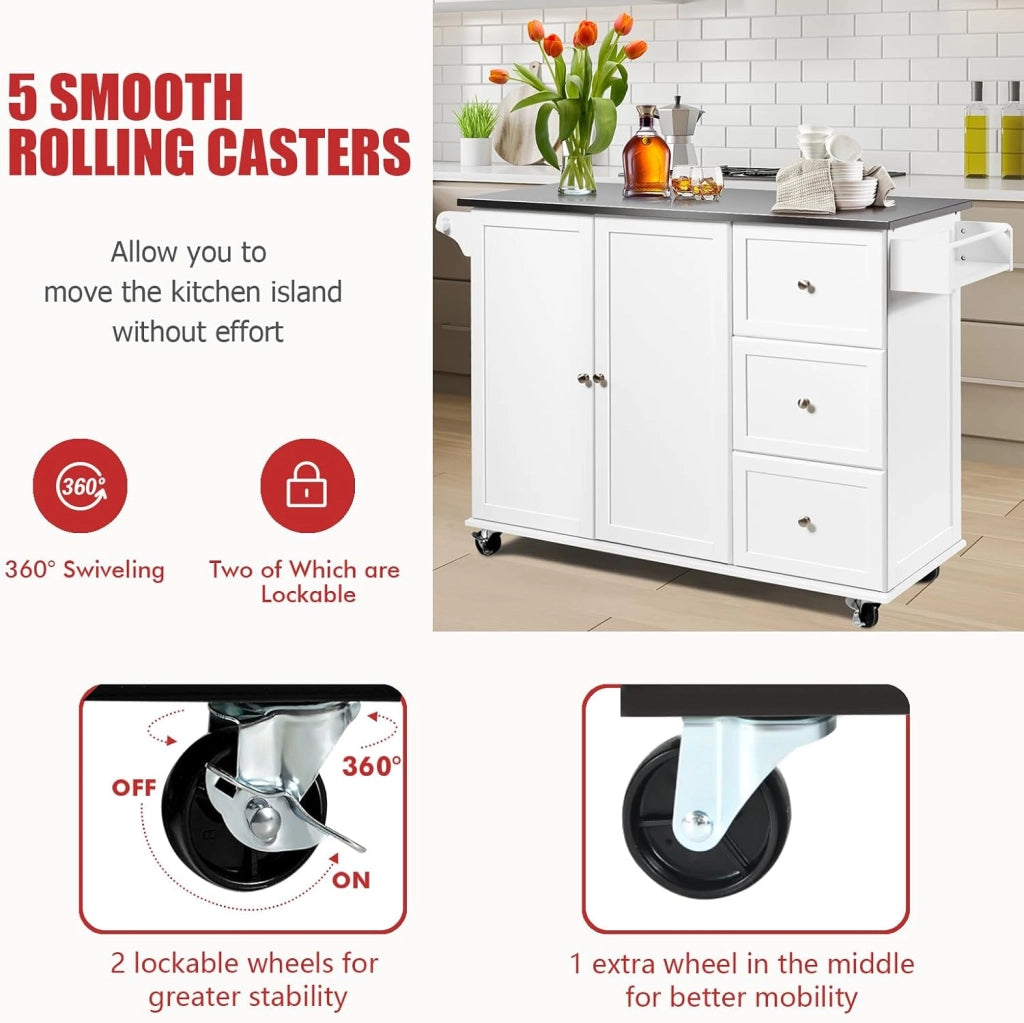 Isola da cucina mobile con piano di lavoro in acciaio inox, carrello da cucina con 3 cassetti e portasciugamani e ripiano regolabile, mobile da cucina su ruote, carrello da cucina 135 x 45,5