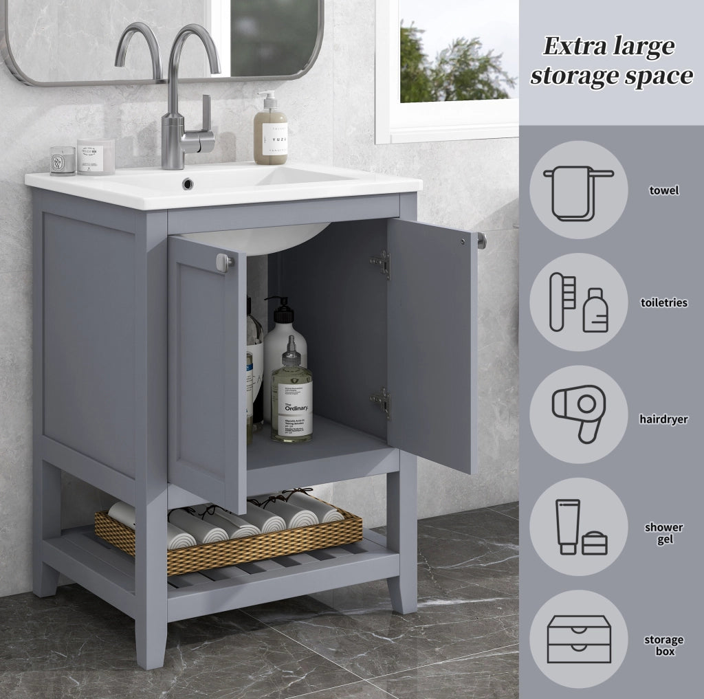 Mobile bagno ULEVR con lavabo in ceramica e base a pavimento, grigio chiaro e bianco