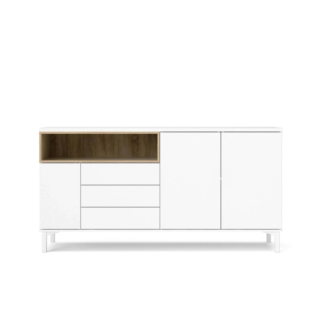 Credenza Julie, Buffet da soggiorno, Madia da salotto, Dispensa da cucina, 176x48 h90 cm, Bianco e Quercia
