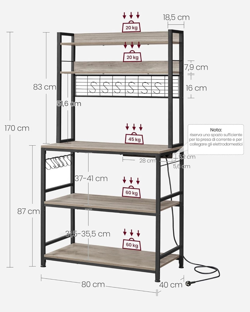 VASAGLE Scaffale Cucina con Multipresa, Scaffale per Microonde, Mobile Cucina, con Pannello a Rete Metallica, 14 Ganci, 40 x 80 x 170 cm, Greige e Nero KKS025B02EU