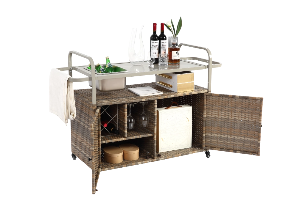 Tavolo da bar esterno; carrello da bar in vimini con armadio; carrello da cortile con piano in acciaio; con un secchio del ghiaccio; ruote chiudibili; cesto laterale per giardino; a bordo piscina e giardino; beige