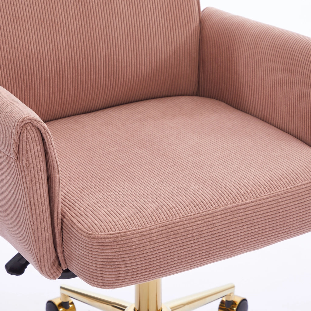 Sedia da ufficio girevole ergonomica con supporto lombare, base dorata e imbottitura in velluto a coste rosa