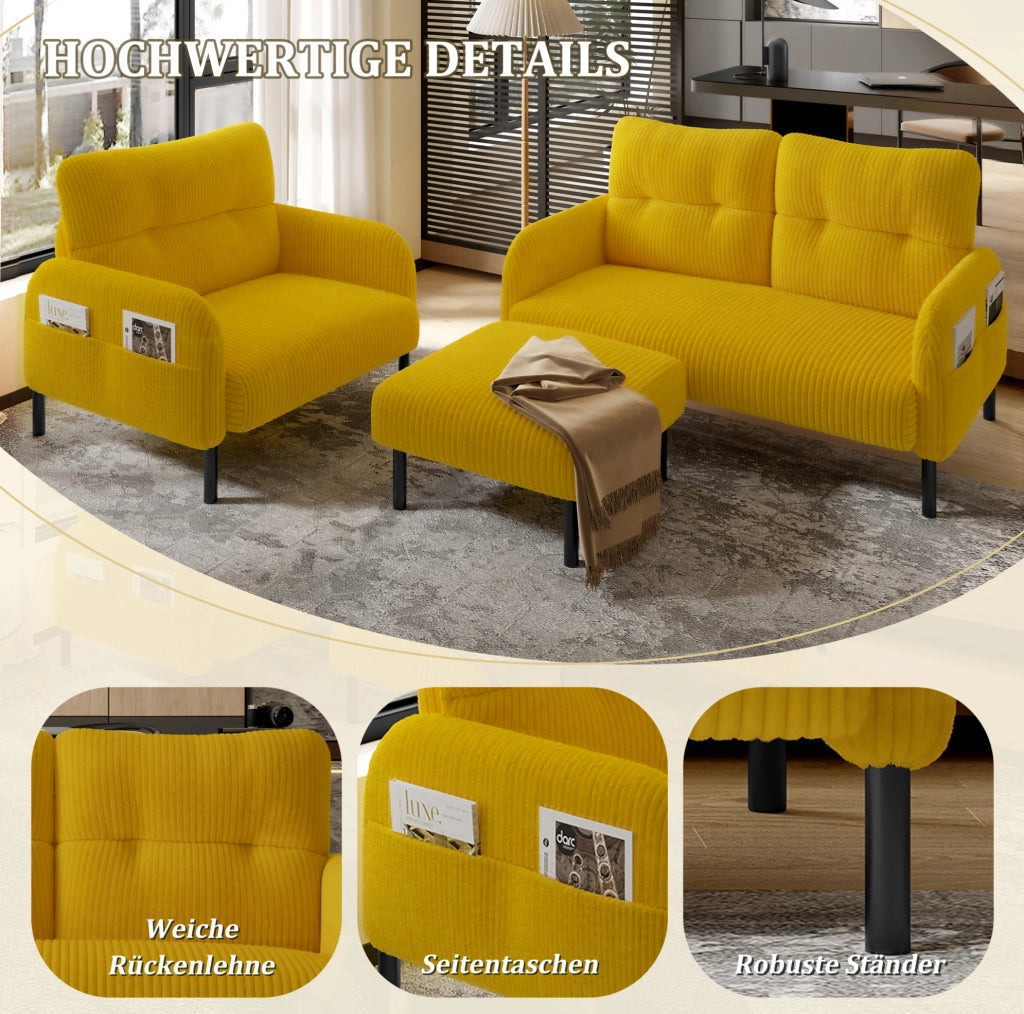 Set divano 3 pezzi in corduroy giallo con poltrona; pouf e divano 2 posti; 120 cm