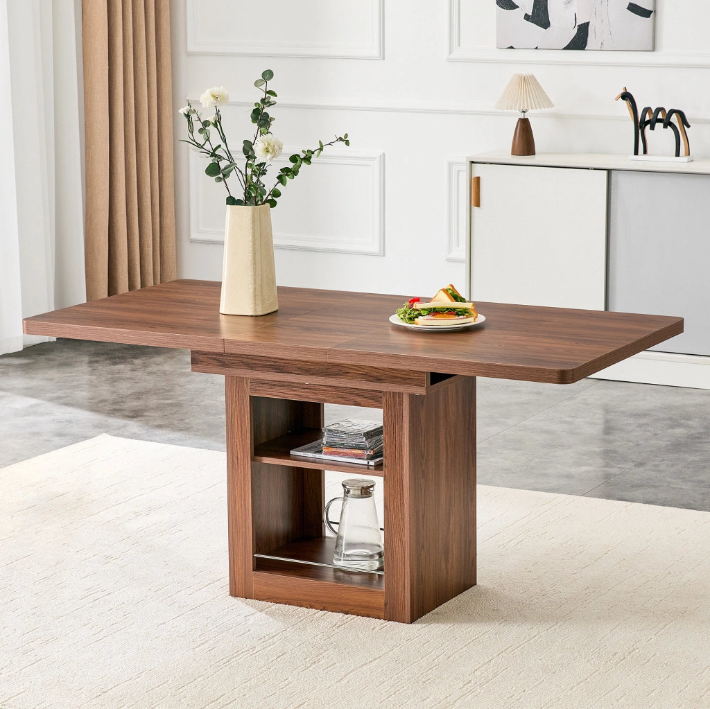 Tavolo da pranzo allungabile con ripiano in MDF; finitura effetto noce