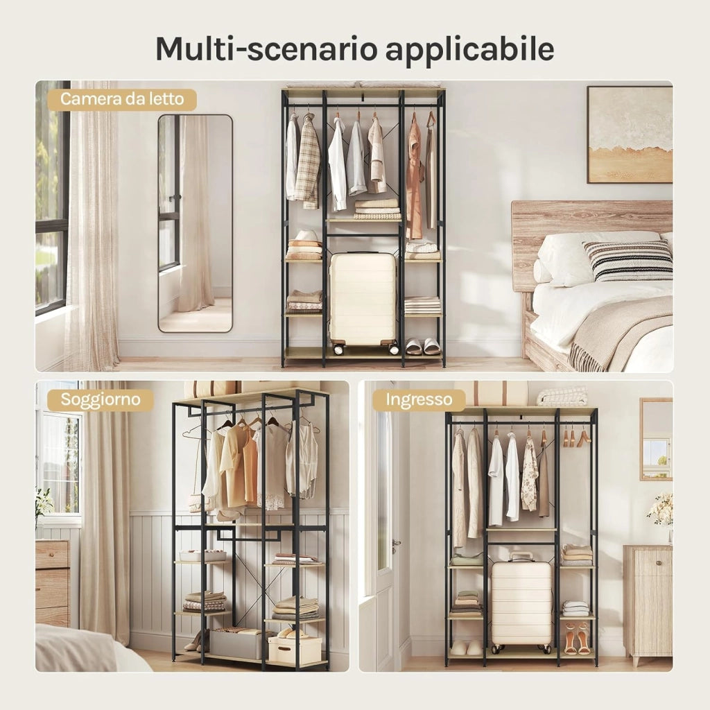 Stand Appendiabiti con Ripiani Attaccapanni Guardaroba Scaffale Porta Abiti in Legno Acciaio 120x40x201 cm