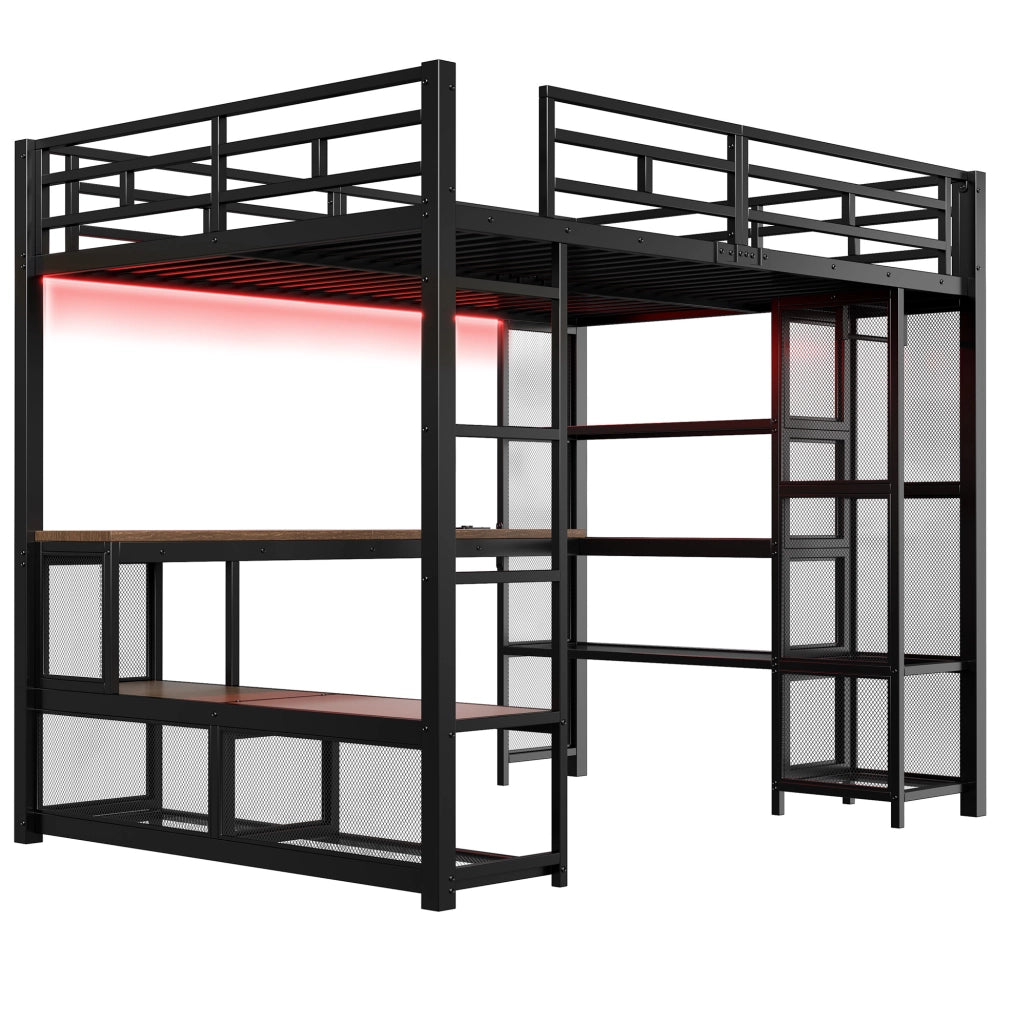 Letto a soppalco 140x200 cm con scrivania; ripiani; LED e guardaroba aperto in metallo nero